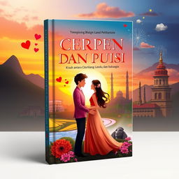 A captivating book cover design for 'CERPEN DAN PUISI, Kisah antara Cinta, Hilang, Lara, Rindu dan Bahagia', illustrating a cross-cultural love story between Indonesia and another country