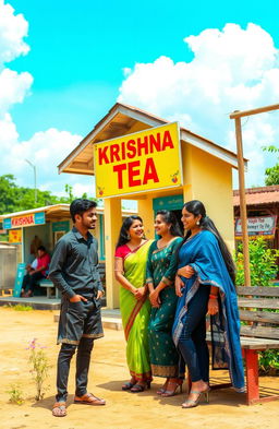 A romantic scene set in a village bus stand featuring a young man and two young women