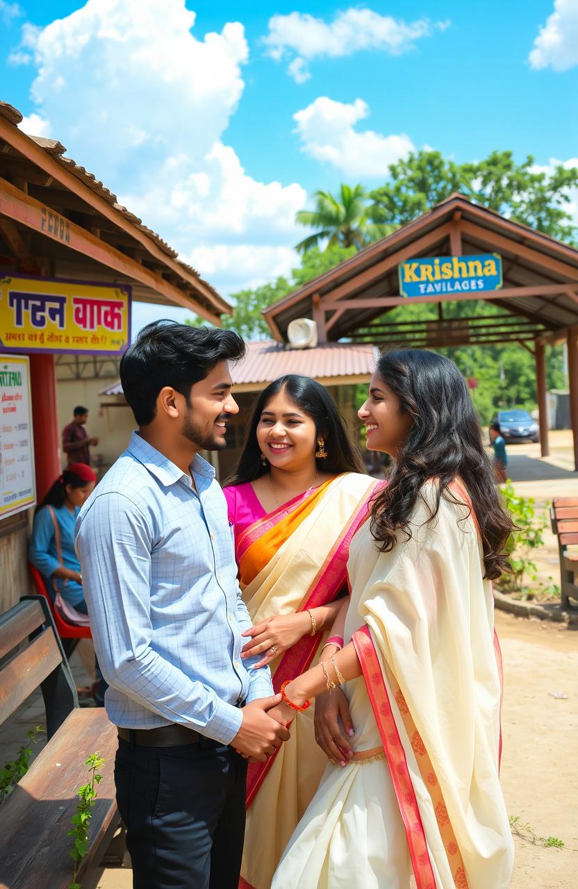 A romantic scene set in a village bus stand featuring a young man and two young women