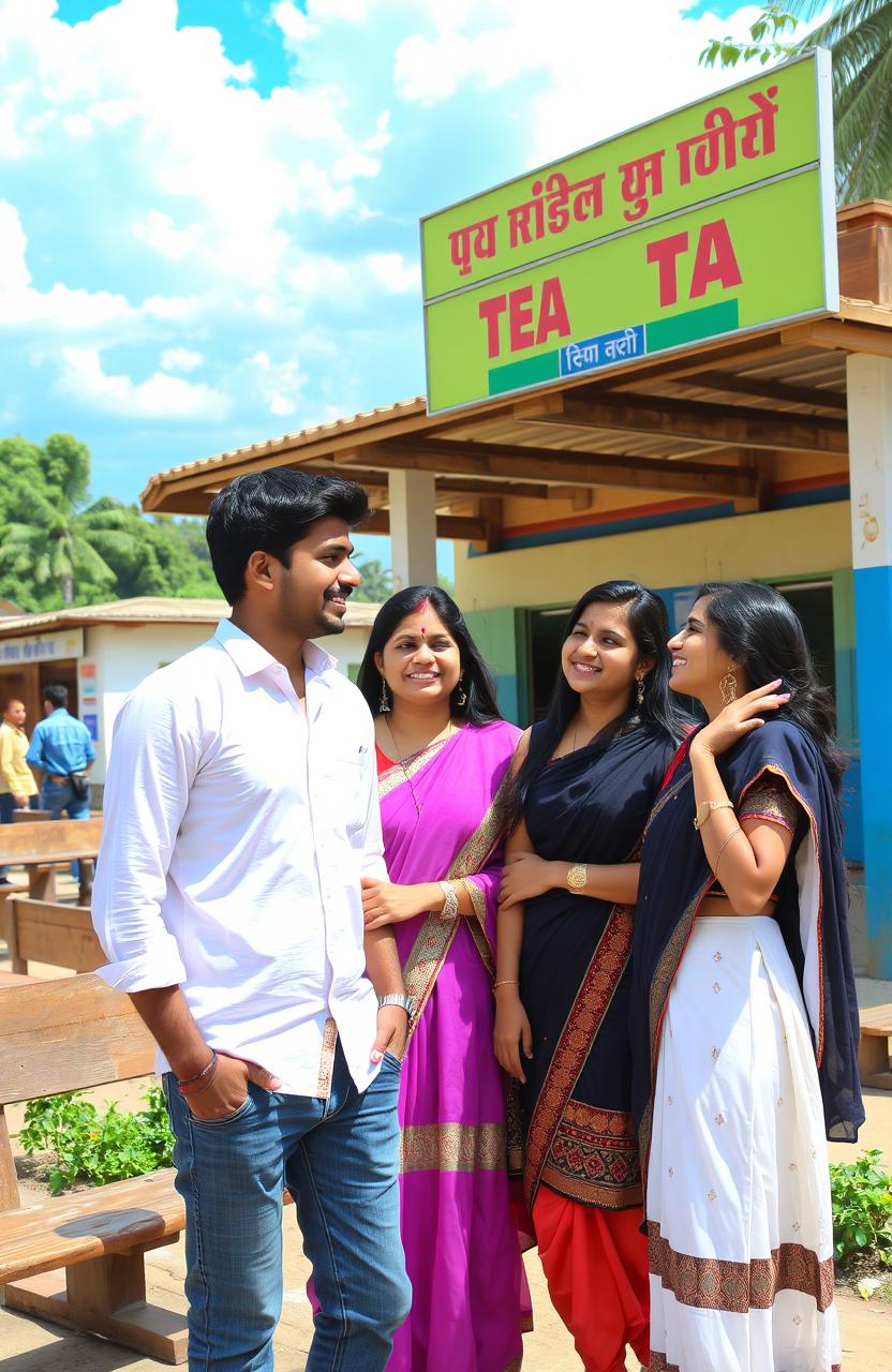 A romantic scene set in a village bus stand featuring a young man and two young women