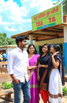 A romantic scene set in a village bus stand featuring a young man and two young women