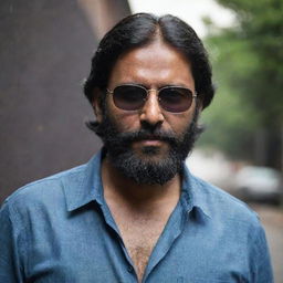 An Indian man with slightly shortened hair and a full beard, wearing a loose shirt and sunglasses, set in a dark, intriguing setting