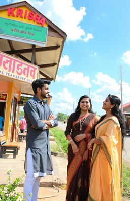 A romantic scene set in a village bus stand featuring a young man and two young women