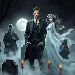 A dashing man in a stylish, tailored suit, exuding charisma and confidence, stands in a misty, moonlit graveyard