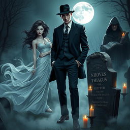 A dashing man in a stylish, tailored suit, exuding charisma and confidence, stands in a misty, moonlit graveyard