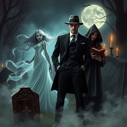 A dashing man in a stylish, tailored suit, exuding charisma and confidence, stands in a misty, moonlit graveyard