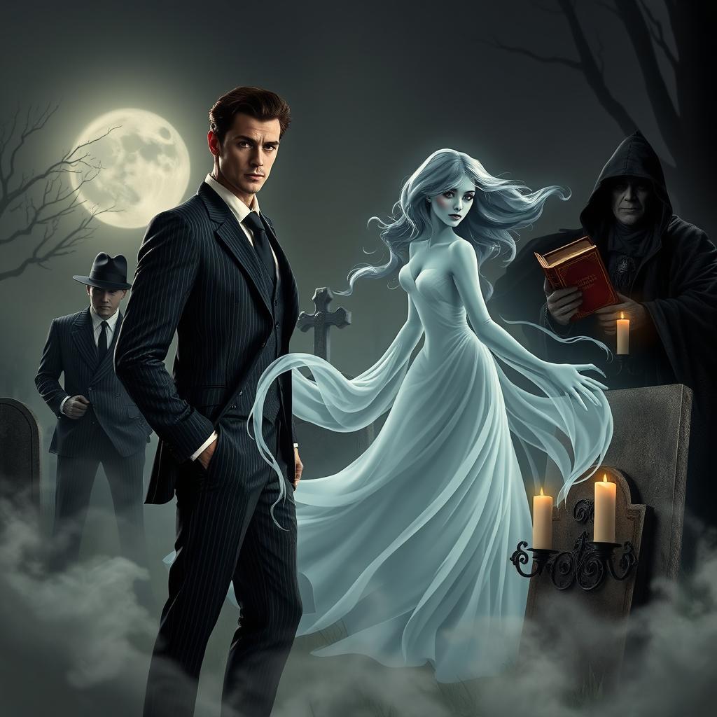 A dashing man in a stylish, tailored suit, exuding charisma and confidence, stands in a misty, moonlit graveyard