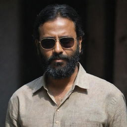 An Indian man with slightly shortened hair and a full beard, wearing a loose shirt and sunglasses, set in a dark, intriguing setting