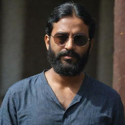 An Indian man with slightly shortened hair and a full beard, wearing a loose shirt and sunglasses, set in a dark, intriguing setting