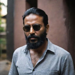 An Indian man with slightly shortened hair and a full beard, wearing a loose shirt and sunglasses, set in a dark, intriguing setting