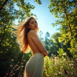 a naturally posed woman with an ethereal beauty standing gracefully in a sunlit forest, with dappled sunlight filtering through the leaves, highlighting her skin in a soft, warm glow