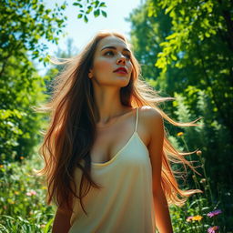 a naturally posed woman with an ethereal beauty standing gracefully in a sunlit forest, with dappled sunlight filtering through the leaves, highlighting her skin in a soft, warm glow