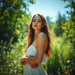 a naturally posed woman with an ethereal beauty standing gracefully in a sunlit forest, with dappled sunlight filtering through the leaves, highlighting her skin in a soft, warm glow