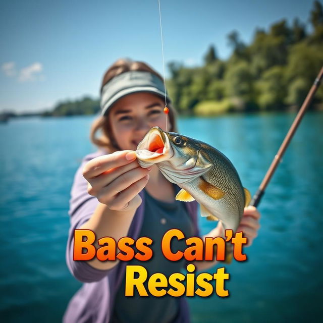 A highly detailed 3D realistic image of a woman fishing for bass at the shore of a tranquil lake