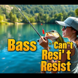 A highly detailed 3D realistic image of a woman fishing for bass at the shore of a tranquil lake