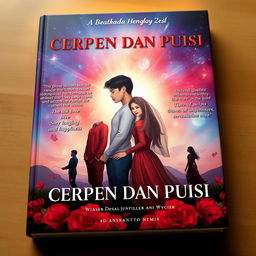 A captivating book cover design for 'CERPEN DAN PUISI', featuring a poignant narrative of love transcending borders between Indonesia and another country