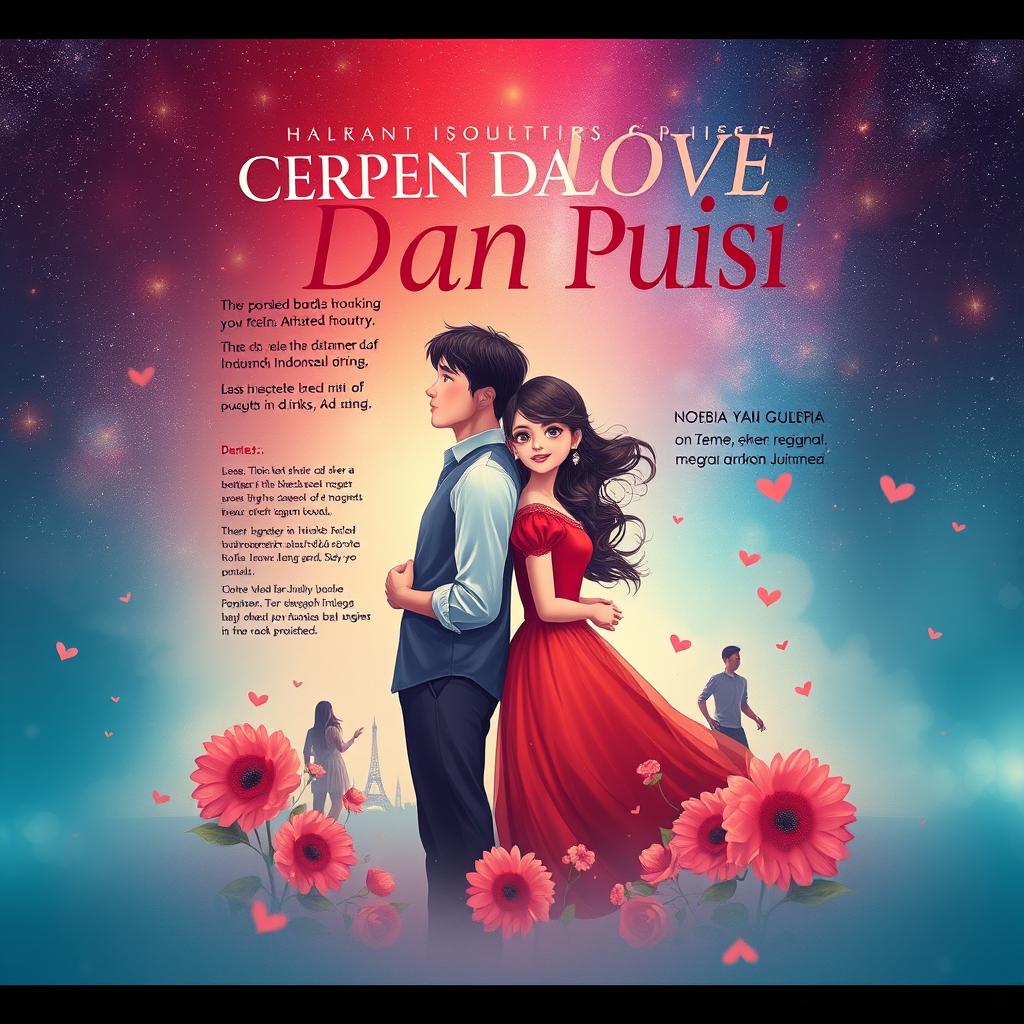 A captivating book cover design for 'CERPEN DAN PUISI', featuring a poignant narrative of love transcending borders between Indonesia and another country