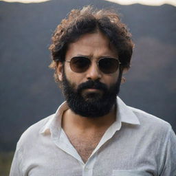 An Indian man with slightly short, messier hair and a full beard, in a loose shirt and sunglasses, against a dark, captivating backdrop