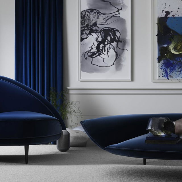 A modern living room showcasing a plush navy blue velvet sofa and a complementary grey velvet chair.