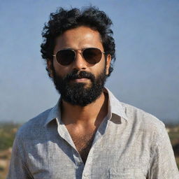 An Indian man with slightly short, messier hair and a full beard, in a loose shirt and sunglasses, against a dark, captivating backdrop