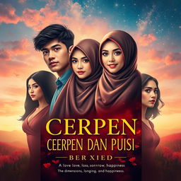 An exquisite book cover for 'CERPEN DAN PUISI', displaying a captivating tale of love that transcends borders between Indonesia and another country