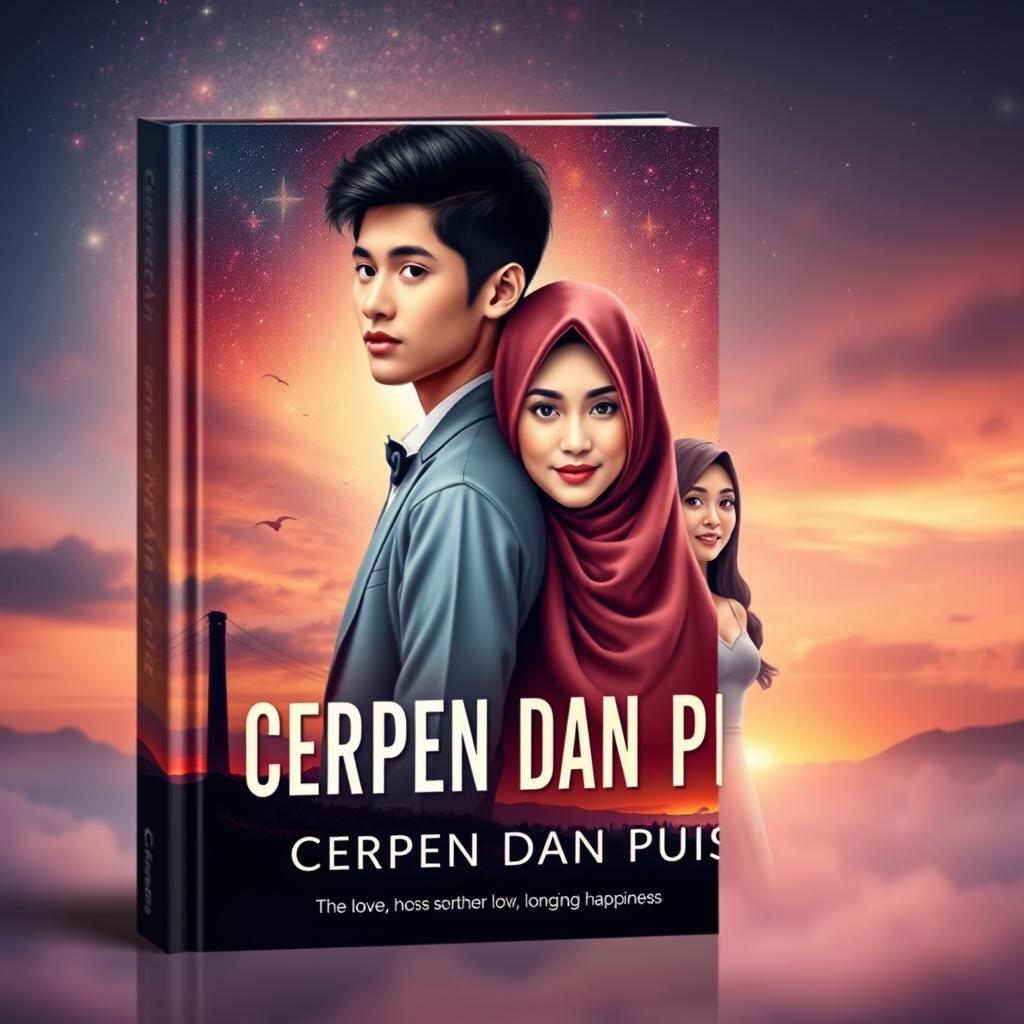 An exquisite book cover for 'CERPEN DAN PUISI', displaying a captivating tale of love that transcends borders between Indonesia and another country