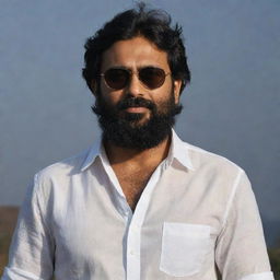 An Indian man with slightly short, messier hair and a full beard, in a loose shirt and sunglasses, against a dark, captivating backdrop