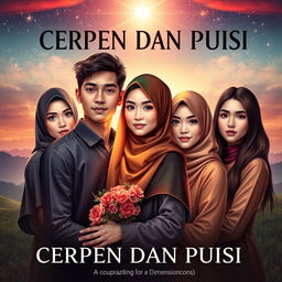 An exquisite book cover for 'CERPEN DAN PUISI', displaying a captivating tale of love that transcends borders between Indonesia and another country