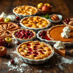 A beautifully arranged display of various delicious pies on a rustic wooden table