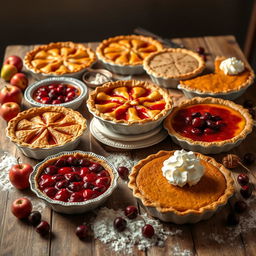 A beautifully arranged display of various delicious pies on a rustic wooden table