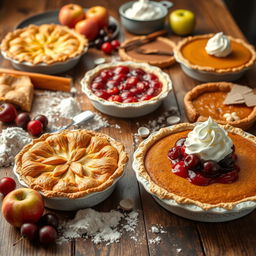 A beautifully arranged display of various delicious pies on a rustic wooden table