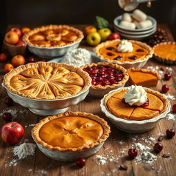 A beautifully arranged display of various delicious pies on a rustic wooden table