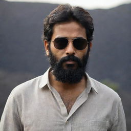 An Indian man with slightly short, messier hair and a full beard, in a loose shirt and sunglasses, against a dark, captivating backdrop