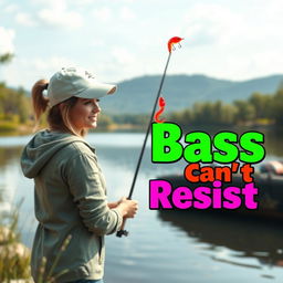 A stunning 3D realistic image of a woman fishing for bass at the edge of a serene body of water