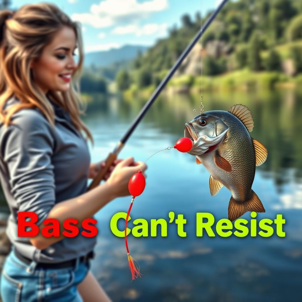 A stunning 3D realistic image of a woman fishing for bass at the edge of a serene body of water