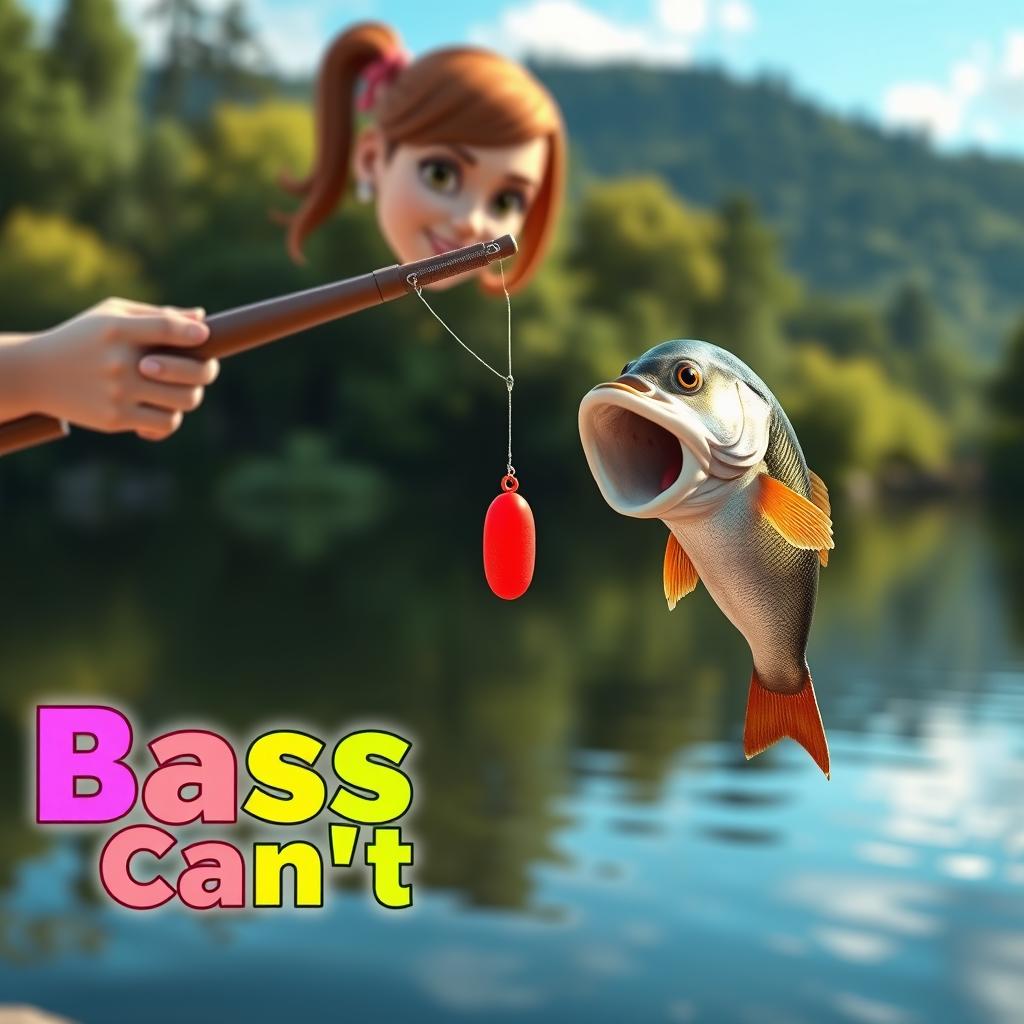 A stunning 3D animated realistic image of a woman fishing for bass at the edge of a peaceful lake