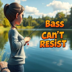 A stunning 3D animated realistic image of a woman fishing for bass at the edge of a peaceful lake