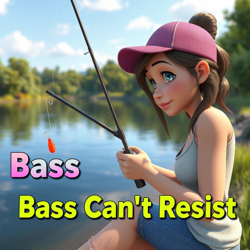 A stunning 3D animated realistic image of a woman fishing for bass at the edge of a peaceful lake