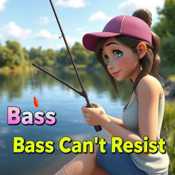 A stunning 3D animated realistic image of a woman fishing for bass at the edge of a peaceful lake