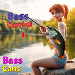 A stunning 3D animated realistic image of a woman fishing for bass at the edge of a peaceful lake