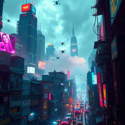 A vibrant cyberpunk cityscape featuring neon-lit skyscrapers and towering holographic billboards dominating the skyline