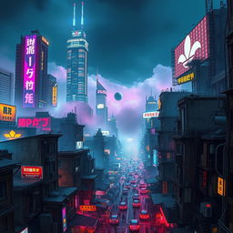 A vibrant cyberpunk cityscape featuring neon-lit skyscrapers and towering holographic billboards dominating the skyline