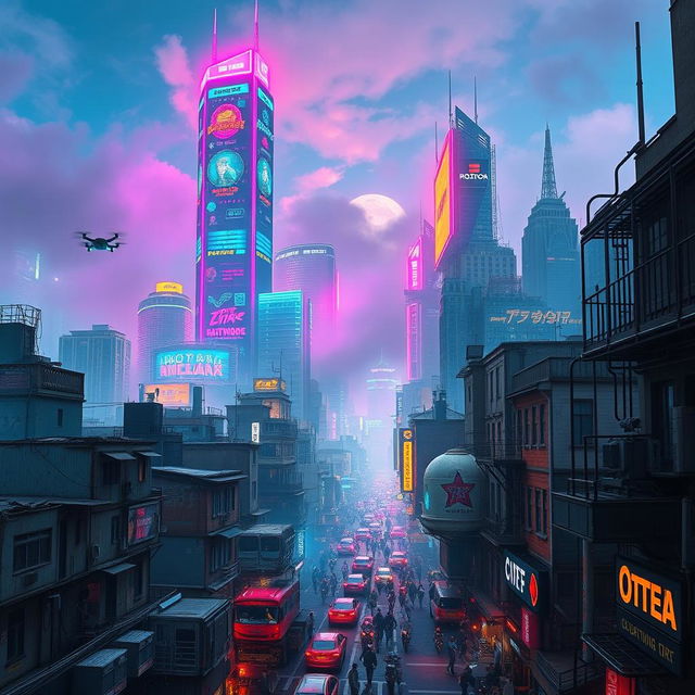 A vibrant cyberpunk cityscape featuring neon-lit skyscrapers and towering holographic billboards dominating the skyline