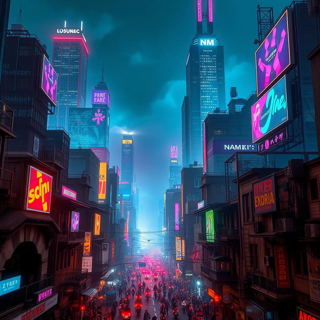 A vibrant cyberpunk cityscape featuring neon-lit skyscrapers and towering holographic billboards dominating the skyline