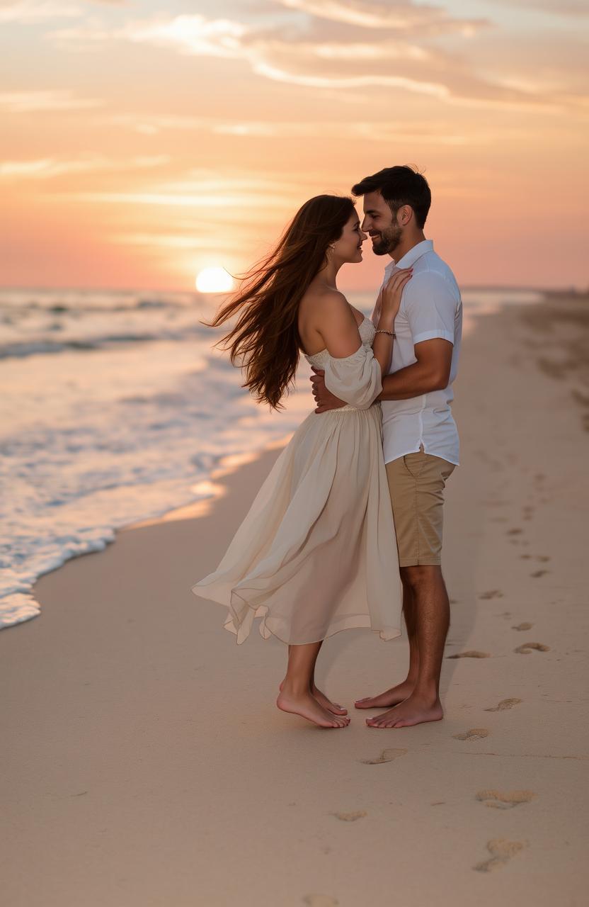 A romantic scene between two lovers in a beautiful sunset setting