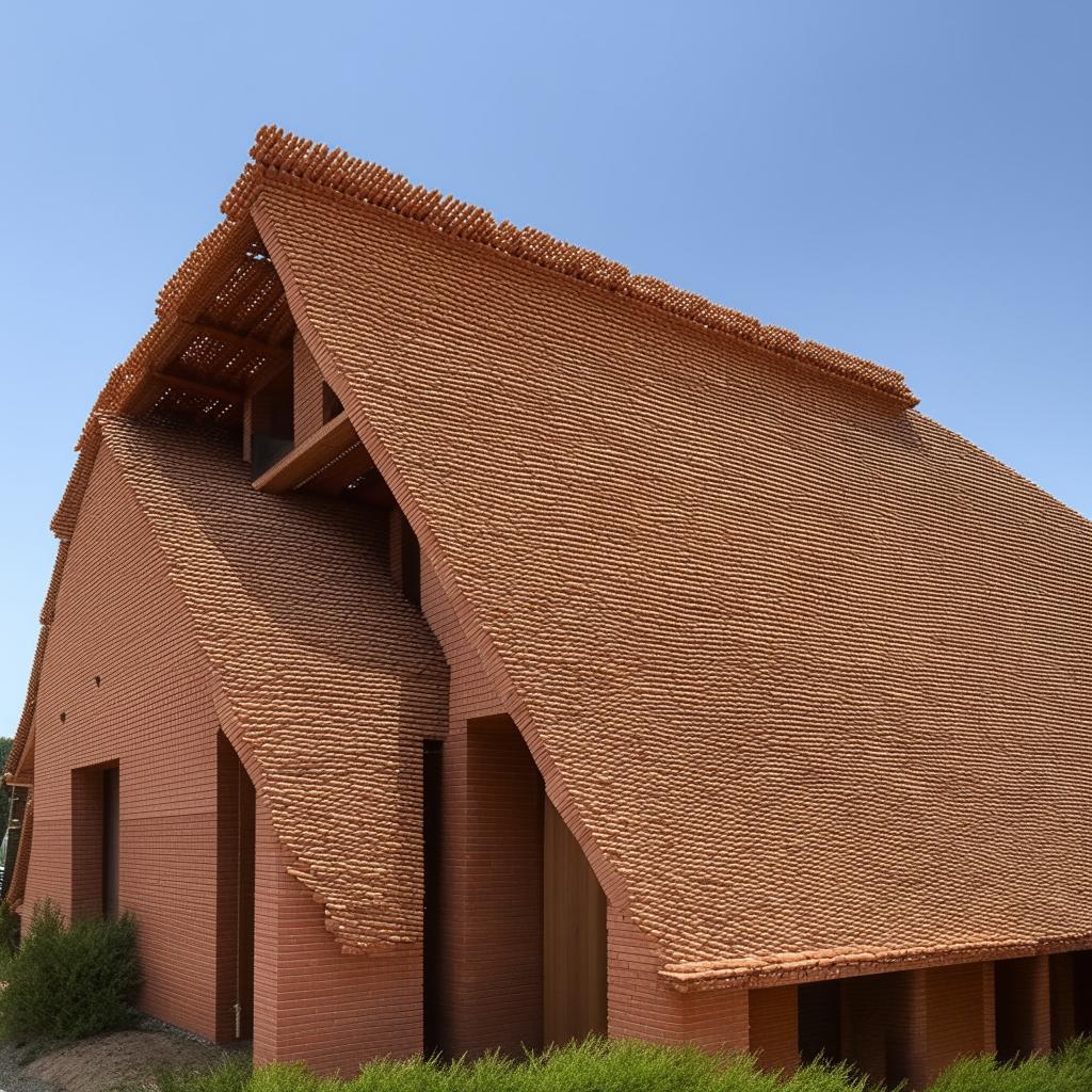 A large, three-story house clad with intricate brickwork and topped with a charmingly rustic briquettes roof.