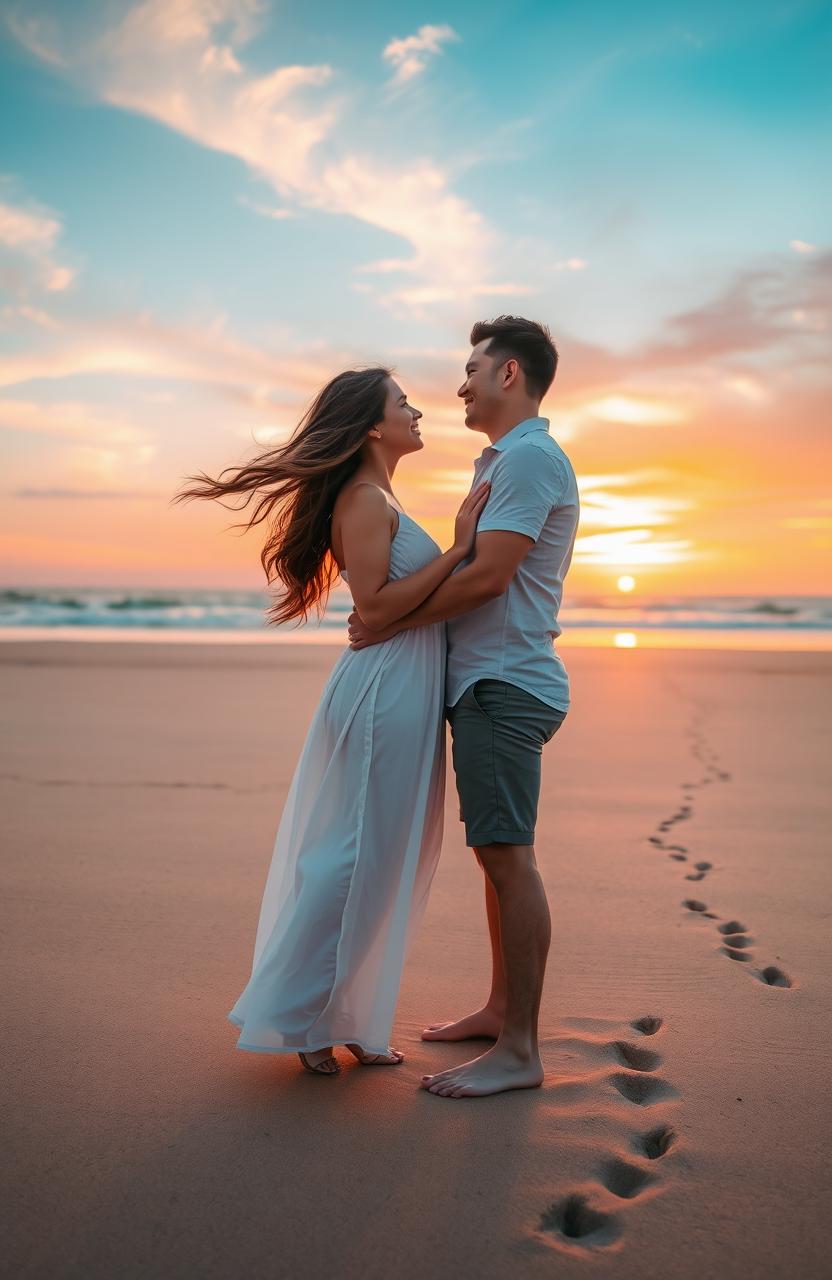 A romantic scene between two lovers in a beautiful sunset setting