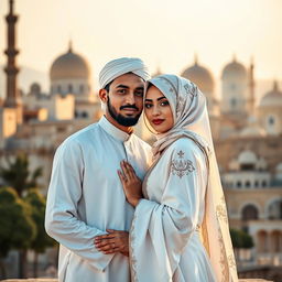 A striking book cover featuring a Muslim man and a woman in a serene and intimate pose that reflects love and culture