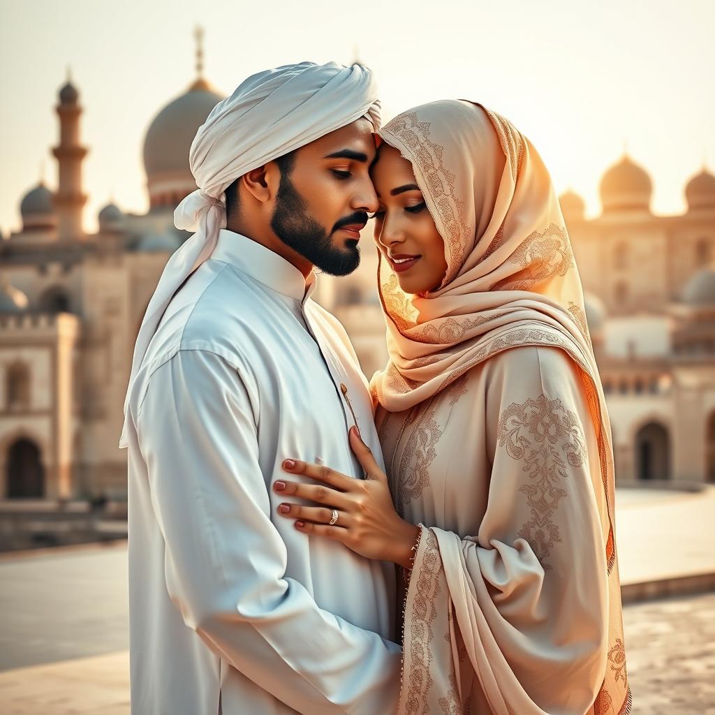 A striking book cover featuring a Muslim man and a woman in a serene and intimate pose that reflects love and culture