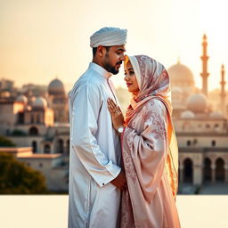 A striking book cover featuring a Muslim man and a woman in a serene and intimate pose that reflects love and culture